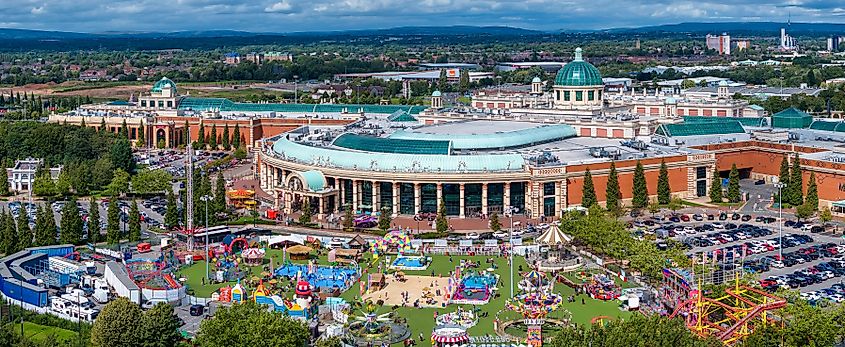 Aerial panoramic view of Trafford Centre shopping mall. Editorial credit: Bardhok Ndoji / Shutterstock.com