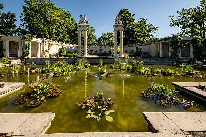 A view of Untermyer Garden's Amphitheater pool in Yonkers, New York