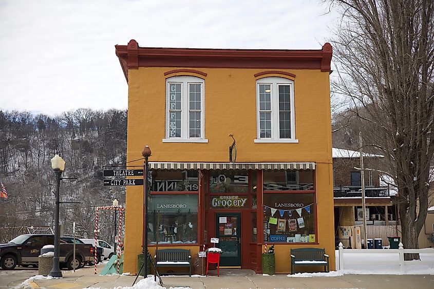 A Grocery store on the corner of a rural town of Lanesboro, Minnesota. Editorial credit: Wirestock Creators / Shutterstock.com