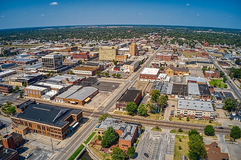 Aerial view of downtown Hutchinson, Kansas, in summer.