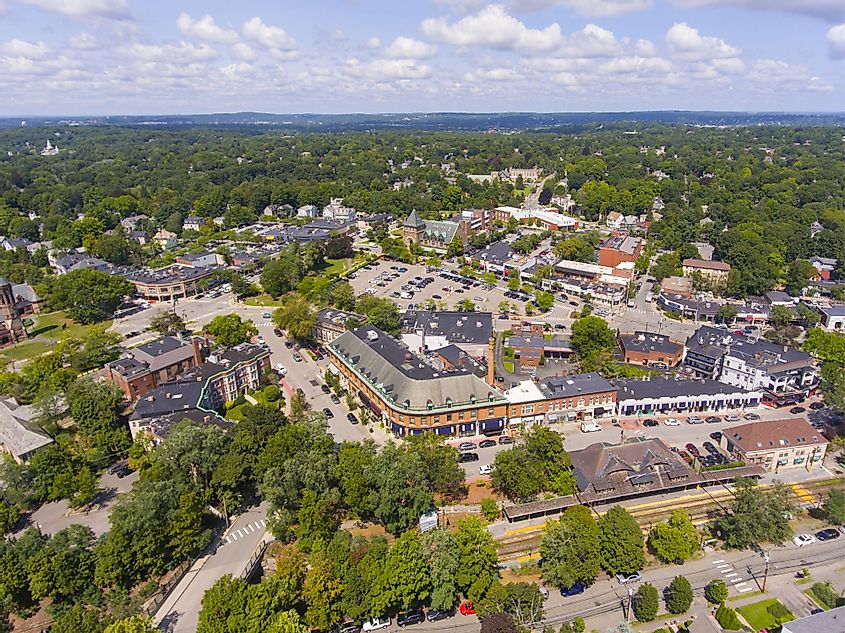 Aerial view of historic buildings in Union Street Historic District in Newton Centre, Massachusetts