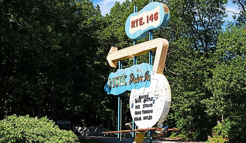 Retro signage for the Rustic Tri View Drive-In, the last-standing drive-in theatre is the state of Rhode Island.