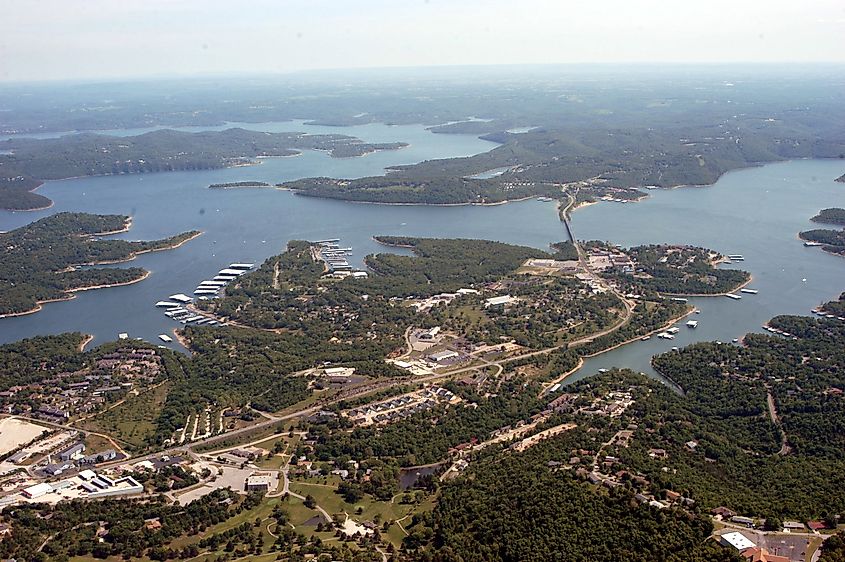 Crappy Aerial Photo of the downtown area of Kimberling City with DD Pennensula and Blue Eye in the distant background. KTrimble at English Wikipedia