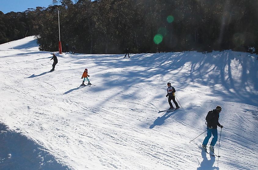 Skiers skiing at Thredbo, Australia