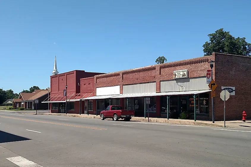 View of rustic brick buildings and businesses in downtown Beebe, Arkansas