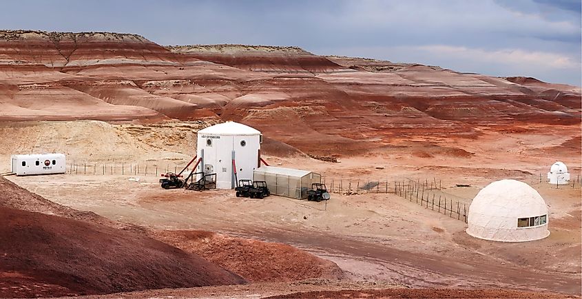 HANKSVILLE, UTAH/USA - AUGUST 15, 2018: Panorama of the Mars Desert Research Station. MDRS is the second of four planned simulated Mars surface exploration habitats (or Mars Analogue Resear