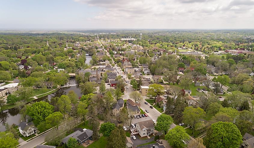 Aerial view of downtown Cedarburg Wisconsin during the summer