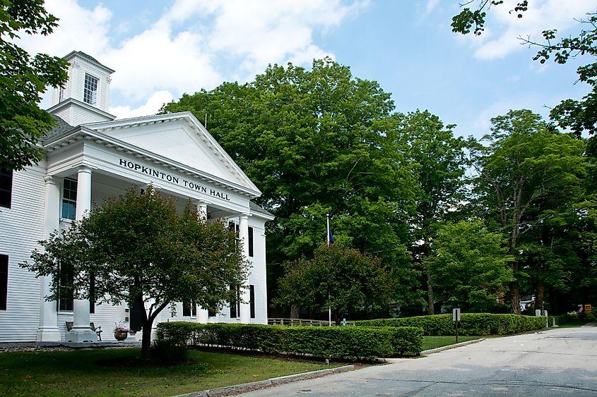 This is a side view of the main municipal building in the town of Hopkinton, New Hampshire, west of Concord.