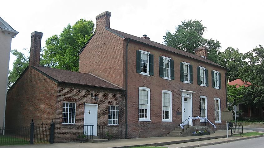 Front and southern end of the Brown Pusey House Community Center, located at 128 N. Main Street in Elizabethtown, Kentucky, United States. Built in 1825 as a house and later converted into a hotel, it is listed on the National Register of Historic Places.