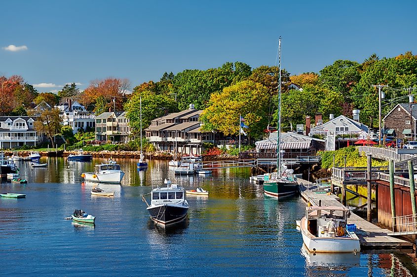 Fishing boats docked in Perkins Cove, Ogunquit, on the coast of Maine south of Portland, USA