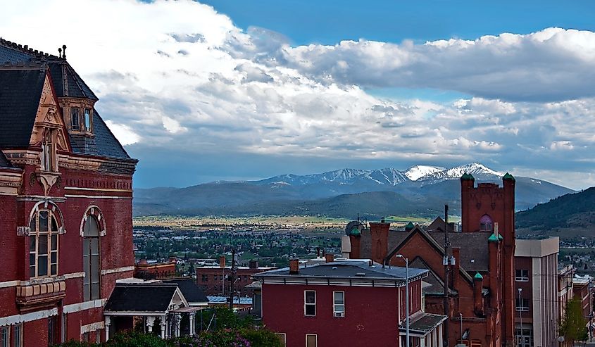 Looking out over the town with historic red brick buildings in Butte, Montana.