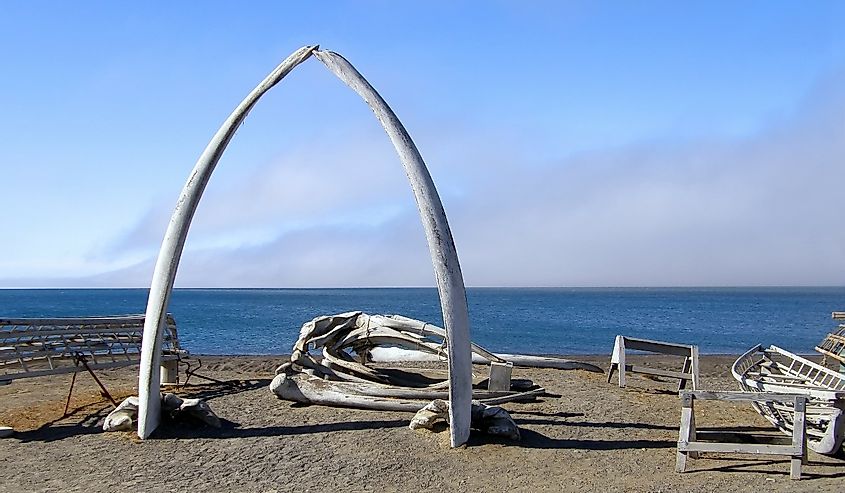 Iconic Whalebone Arch, looking out over the water, Utqiagvik, Alaska at the edge of the Arctic Ocean. Referred to as the "Gateway to the Arctic".
