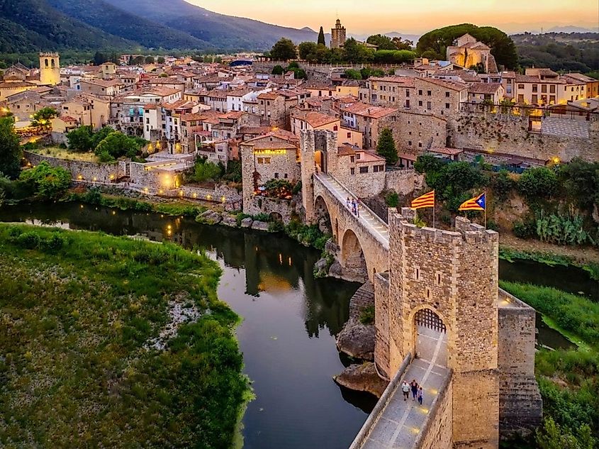 Sunset view of the Besalú Bridge.