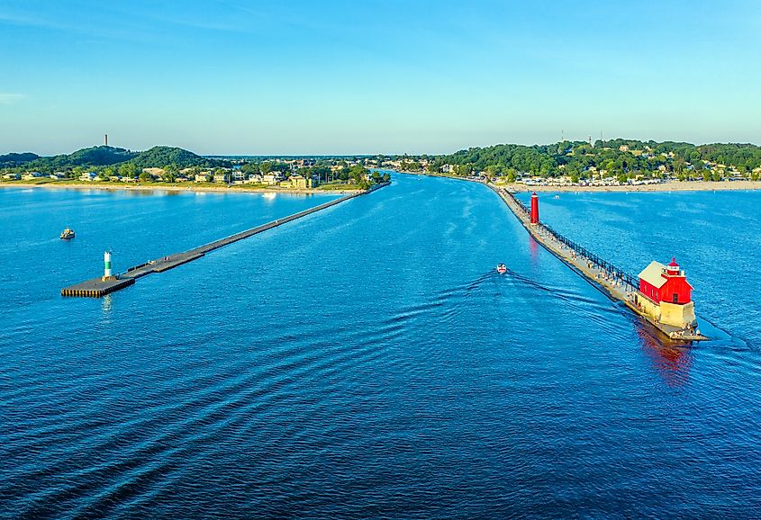 Aerial view of Grand Haven on Lake Michigan.