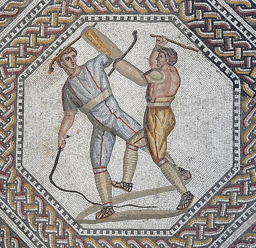 A duel, using whip, cudgel and shields, mosaic from a Roman villa at Nennig, Germany