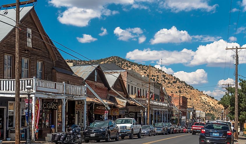 Wooden edifices and houses on Main Street Virginia City. 