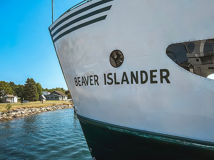 Side view of the Beaver Islander Ferry Boat moored in Lake Michigan