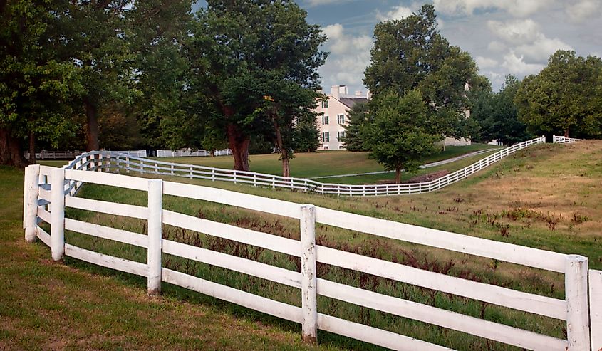 White fence on horse pasture, Shaker Village of Pleasant Hill, Harrodsburg, Kentucky