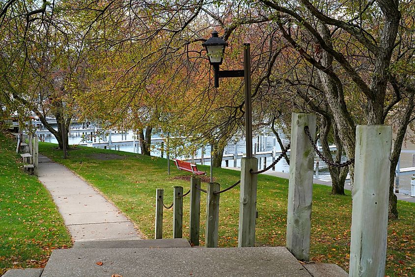 A riverside walkway in Manistee, Michigan