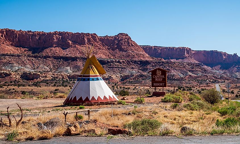 Torrey, Utah, USA, May 7, 2021. Teepee tent at the Capitol Reef Resort in Utah at the entrance to the national park.