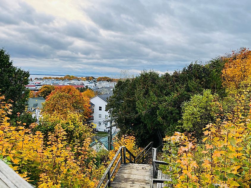 Staircase overlooking the downtown area of Mackinac Island.