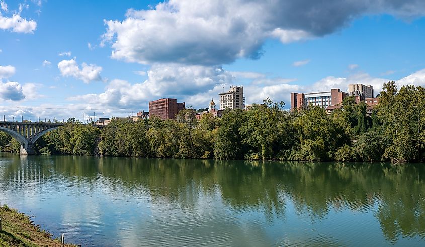 Panorama of the river and city skyline of Fairmont in West Virginia taken from the Palantine park on the waterfront