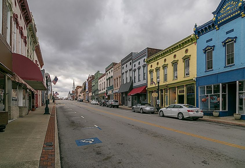 Cars parked on an empty Main Street in Harrodsburg, Kentucky.