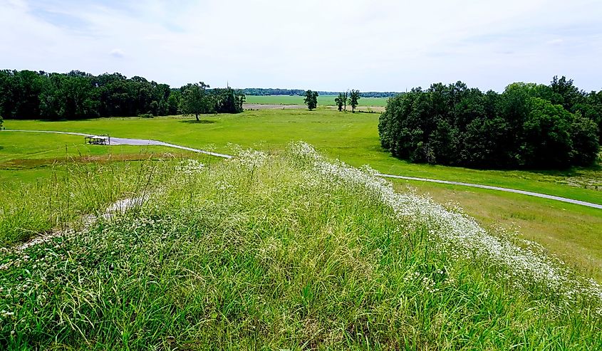 Poverty Point World Heritage Site in Louisiana is a prehistoric monumental earthworks site constructed by the Poverty Point culture. Looking down from the largest earthen mound - Mound A