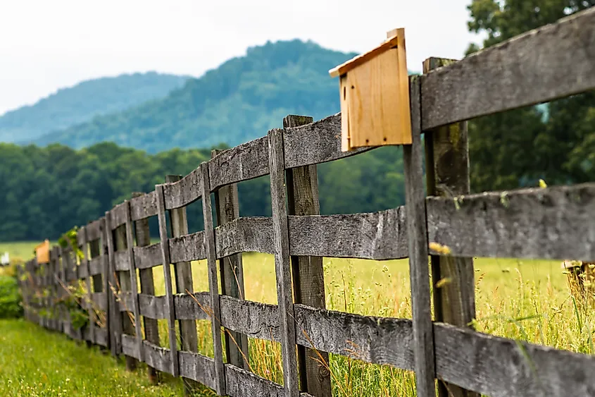A rustic fence running through a country field in Big Island, Virginia.