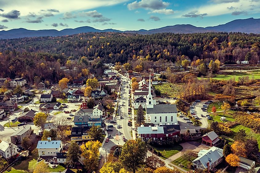 Aerial view of the Main Street in Stowe, Vermont.