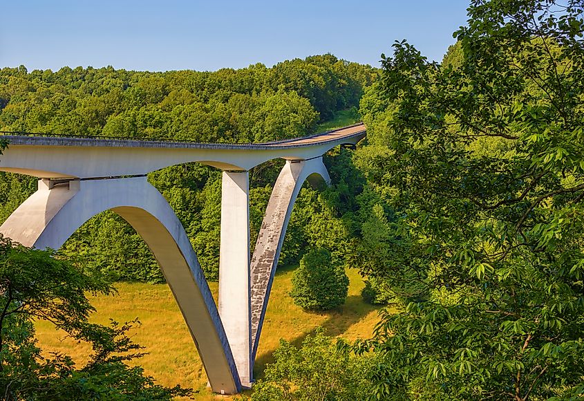 Natchez Trace Parkway Bridge is a double arch structure at the near beginning of the Historical Route in Tennessee.