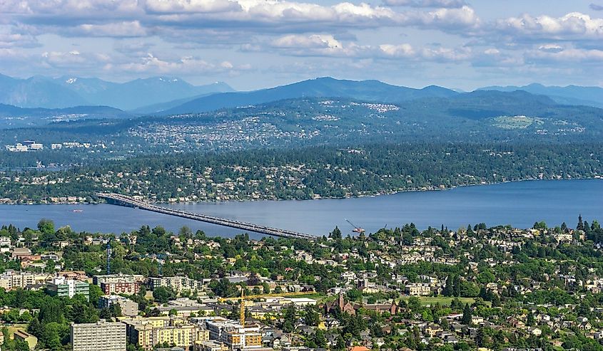 Aerial and remote view of Seattle (Leschi) with the Lacey V Murrow Bridge over Lake Washington and the Mercer Island and Bellevue, Washington state
