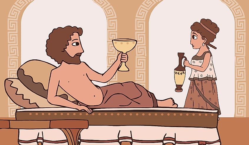 every day life in Ancient Greece, man drinking wine lying on the bed, woman bringing jug, cartoon historic scene