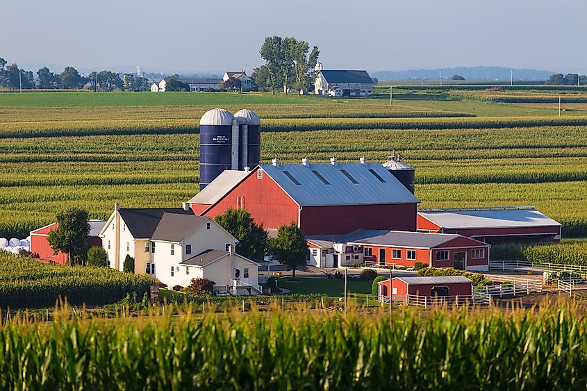 Paradise, Pennsylvania: A large Amish farm with multiple barns and multi-family housing in rural Lancaster County.