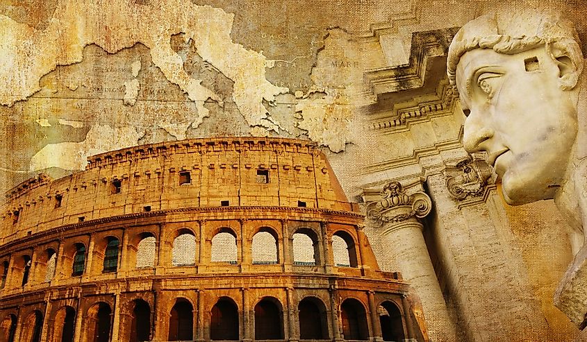 Great Roman empire, conceptual collage in retro style