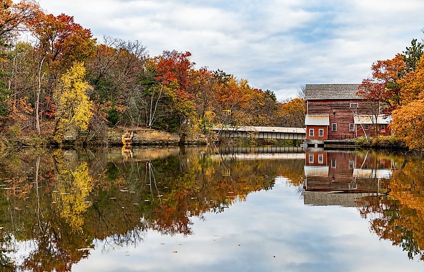 Scenic fall colors at Dells Mill Pond, Augusta.