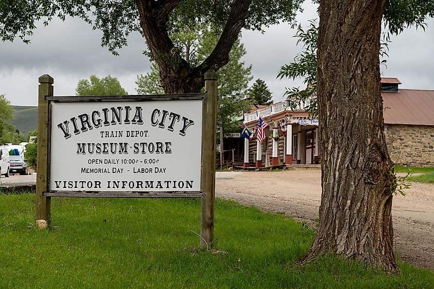 Sign and exterior for the Train Depot and Museum Store in the historic ghost town of Virginia City, Montana