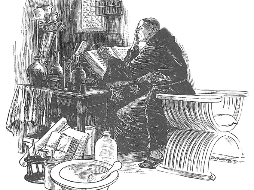 An image of Roger Bacon in his study