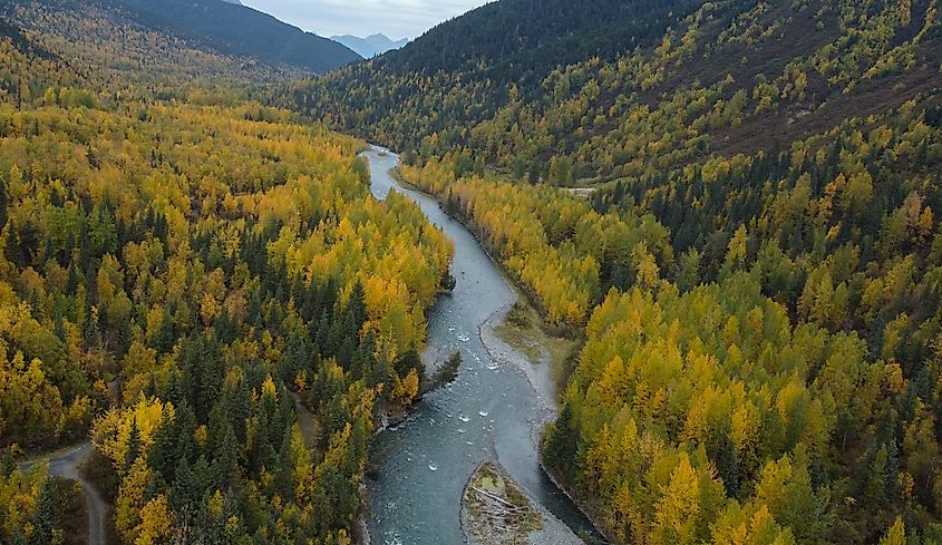 An aerial view of 6 Mile Creek near Hope, Alaska