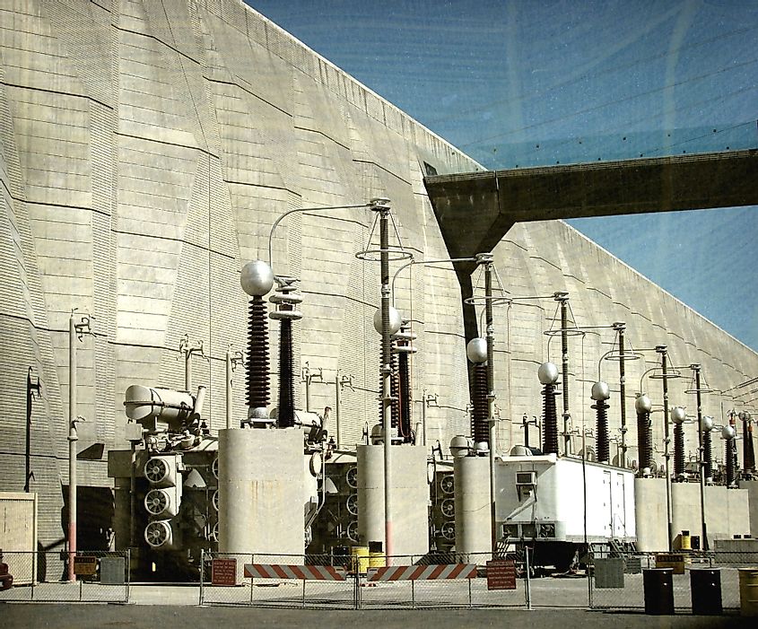 An old photograph of the electrical transformers at Grand Coulee Dam