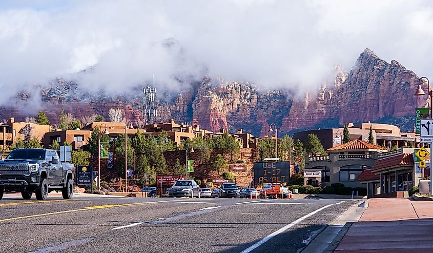 Downtown Sedona, Arizona, with mountains in the background.