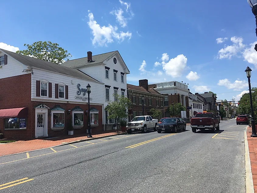 Northbound view of Main Street approaching the intersection with Commerce Street in Smyrna, Delaware, USA.