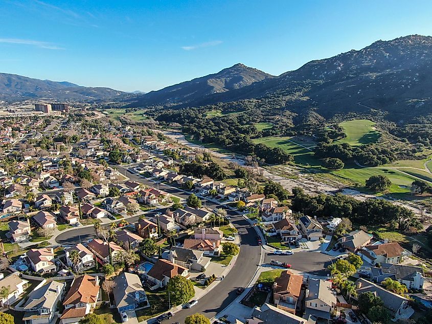 Aerial view of residential town during blue sunny day in Temecula, California, USA.