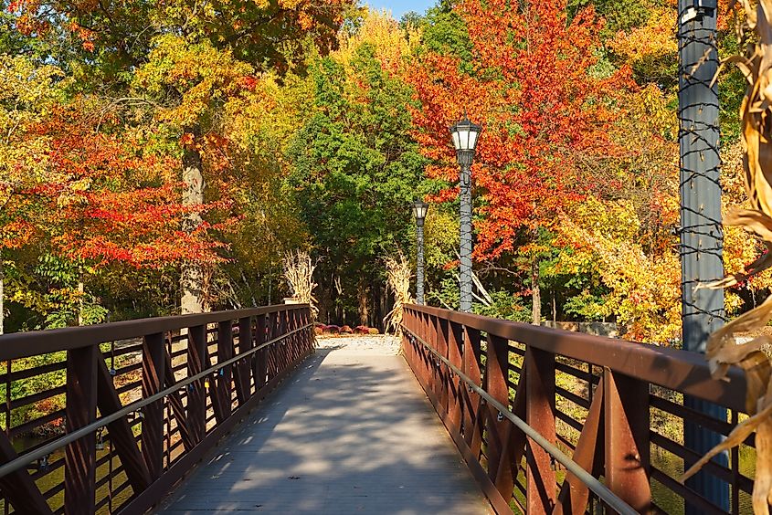 A footbridge over a narrow portion of Coe Lake in Berea, Ohio, leading to autumn colors.