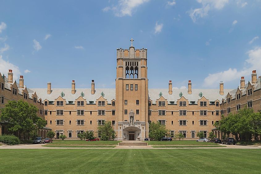 Empty courtyard in front of Le Mans Hall at St. Mary's College in Notre Dame, Indiana