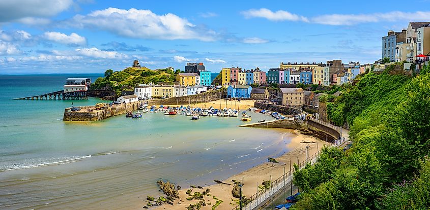 Panoramic view of colorful houses and harbor in historical Tenby Old town