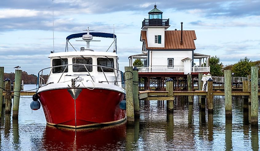 A Red Boat Docked Near the Roanoke River Lighthouse in Edenton North Carolina