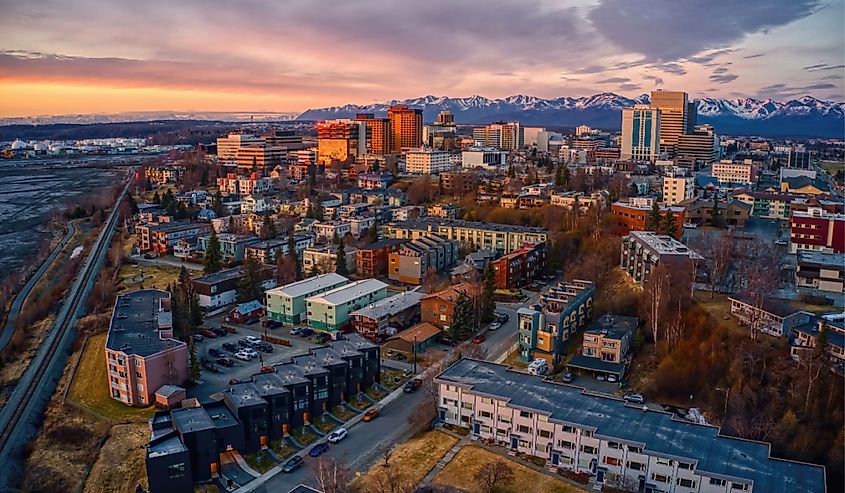 Aerial view of a sunset over downtown Anchorage, Alaska