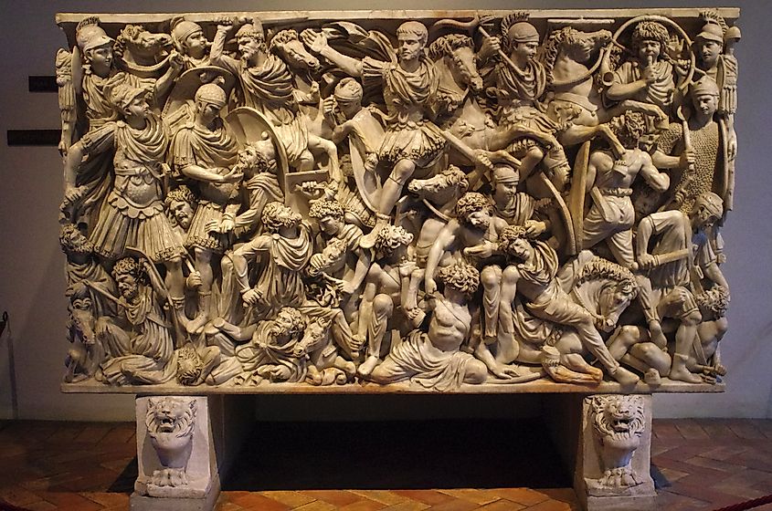 Third-century Roman soldiers battling barbarian troops on the Ludovisi Battle sarcophagus