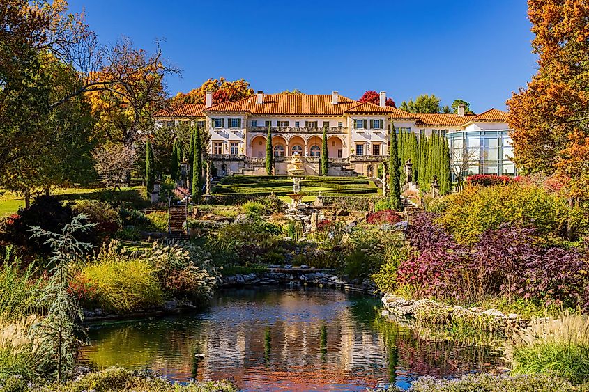 Beautiful fall color and mansion in the famous Philbrook Museum of Art in Tulsa, Oklahoma.